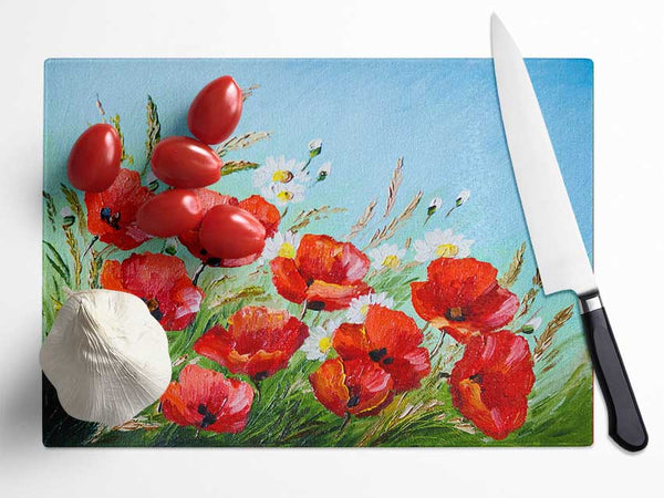 Poppies Under The Blue Sky Dream Glass Chopping Board