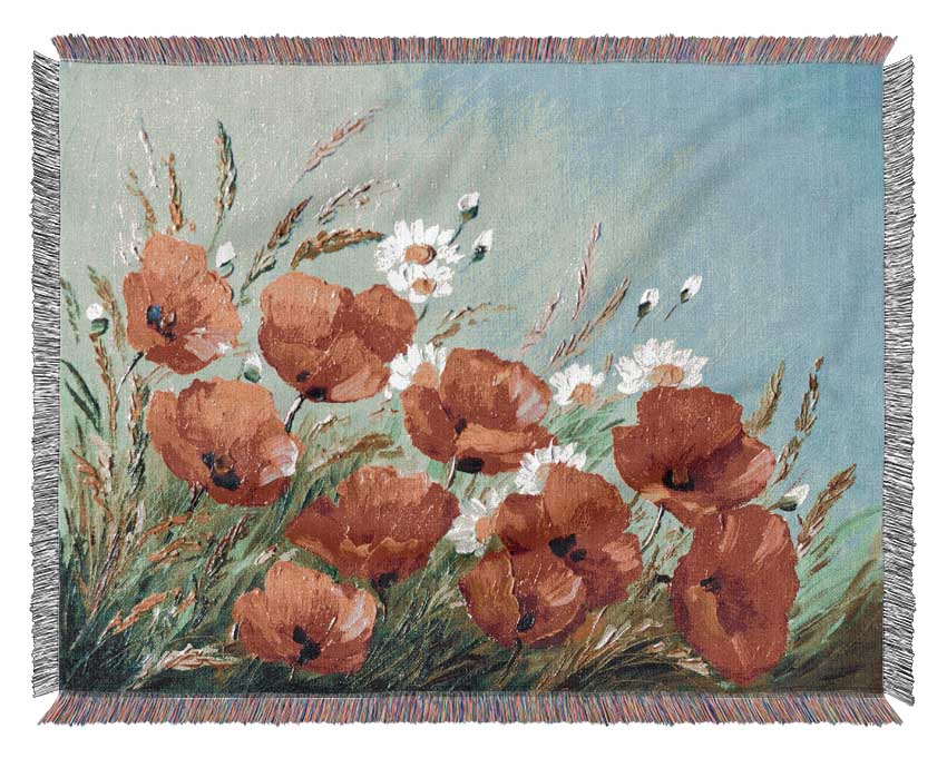 Poppies Under The Blue Sky Dream Woven Blanket