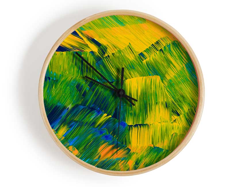 Green On Yellow Flat Brush Trokes Clock - Wallart-Direct UK