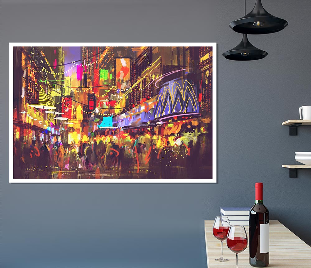 Busy Shops At Night Print Poster Wall Art