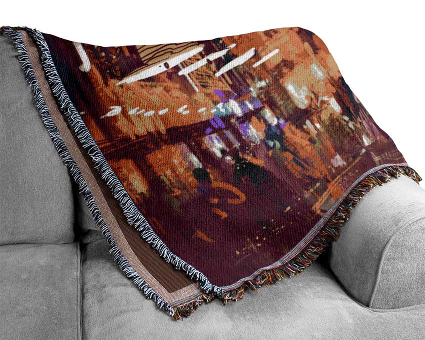 Busy Shops At Night Woven Blanket