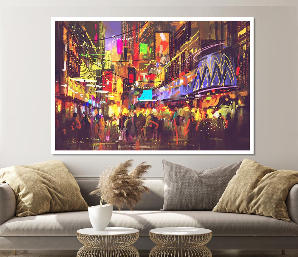 Busy Shops At Night Print Poster Wall Art