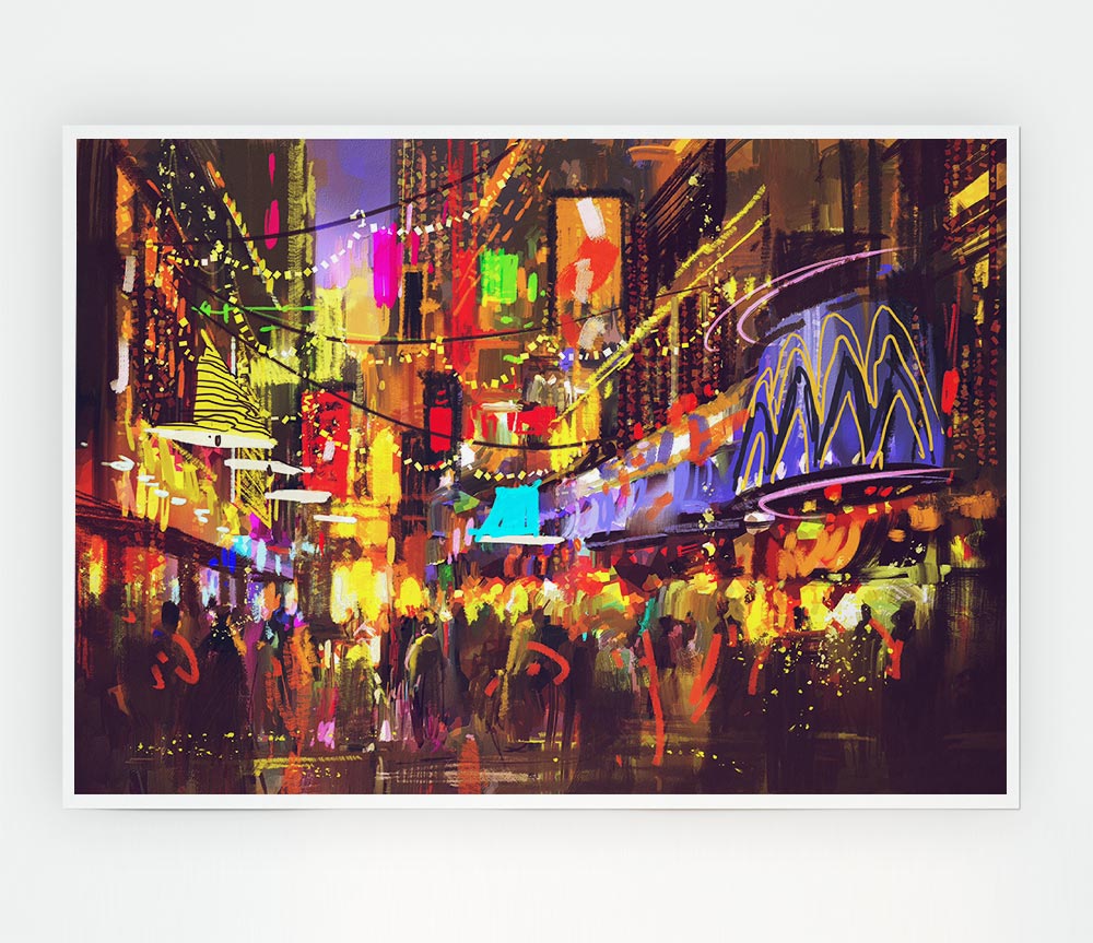 Busy Shops At Night Print Poster Wall Art