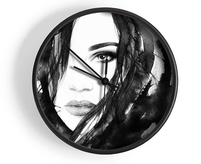 Black And White Watercolour Face Clock - Wallart-Direct UK