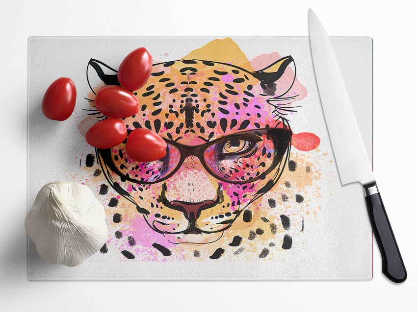 Peach Leopard Glasses Glass Chopping Board