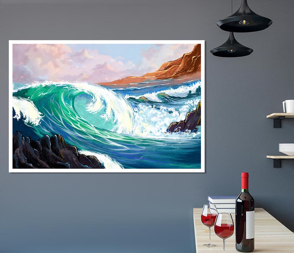 Waves Crashing On The Cliff Rocks Print Poster Wall Art