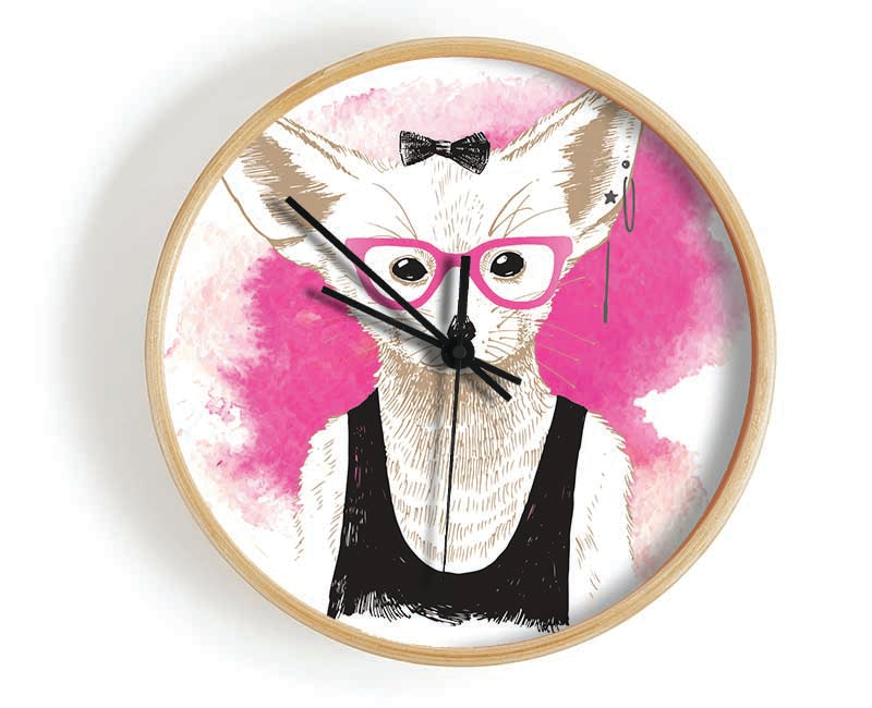 Arctic Fox Bow Pink Glasses Clock - Wallart-Direct UK