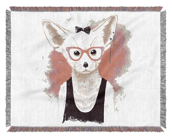 Arctic Fox Bow Pink Glasses Woven Blanket