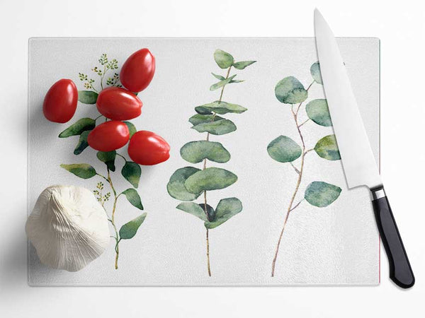 Three Green Foliage Stems Glass Chopping Board