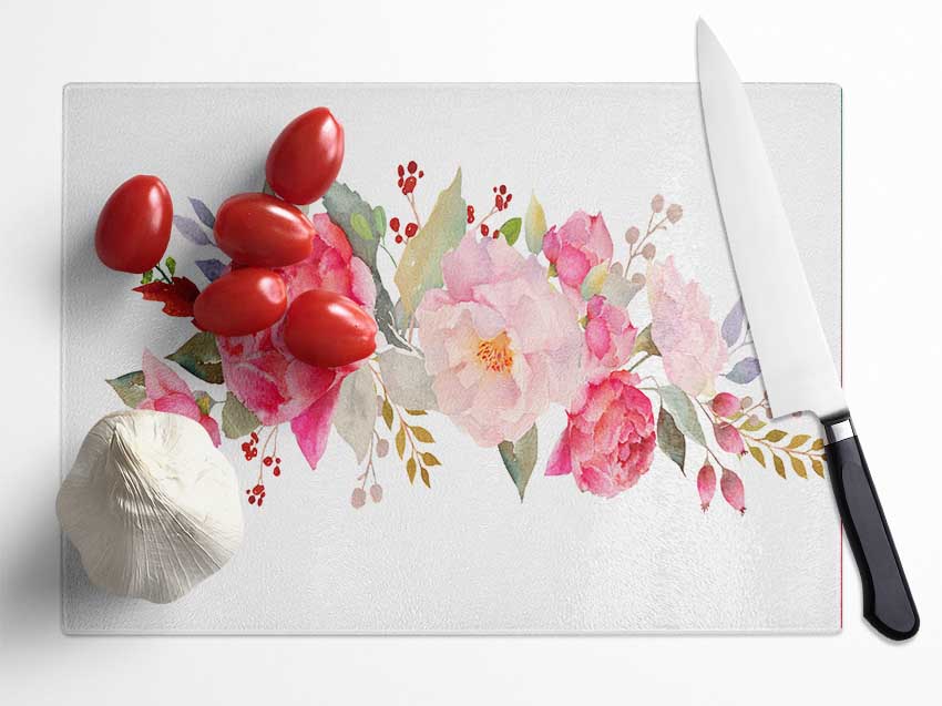 Bouquet Of Pink And Peach Flowers Glass Chopping Board