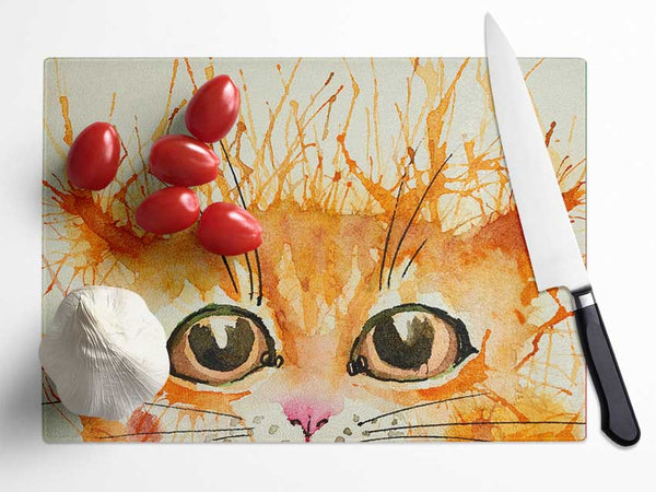 Watercolour Ginger Cat Splat Glass Chopping Board