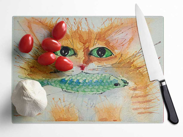 Watercolour Cat With Fish Glass Chopping Board