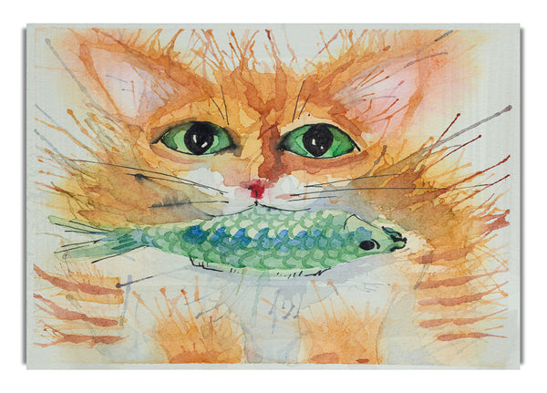 Aquarell Katze mit Fisch