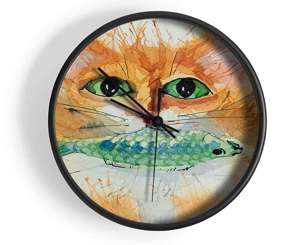 Watercolour Cat With Fish Clock - Wallart-Direct UK