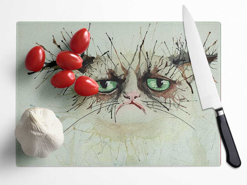 Grumpy Cat Watercolour Splat Glass Chopping Board