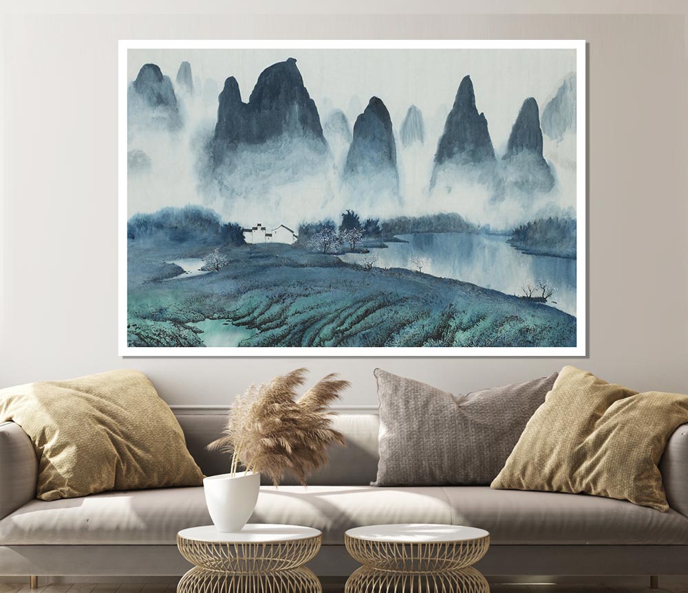 Tall Rock Mountain Mist Print Poster Wall Art