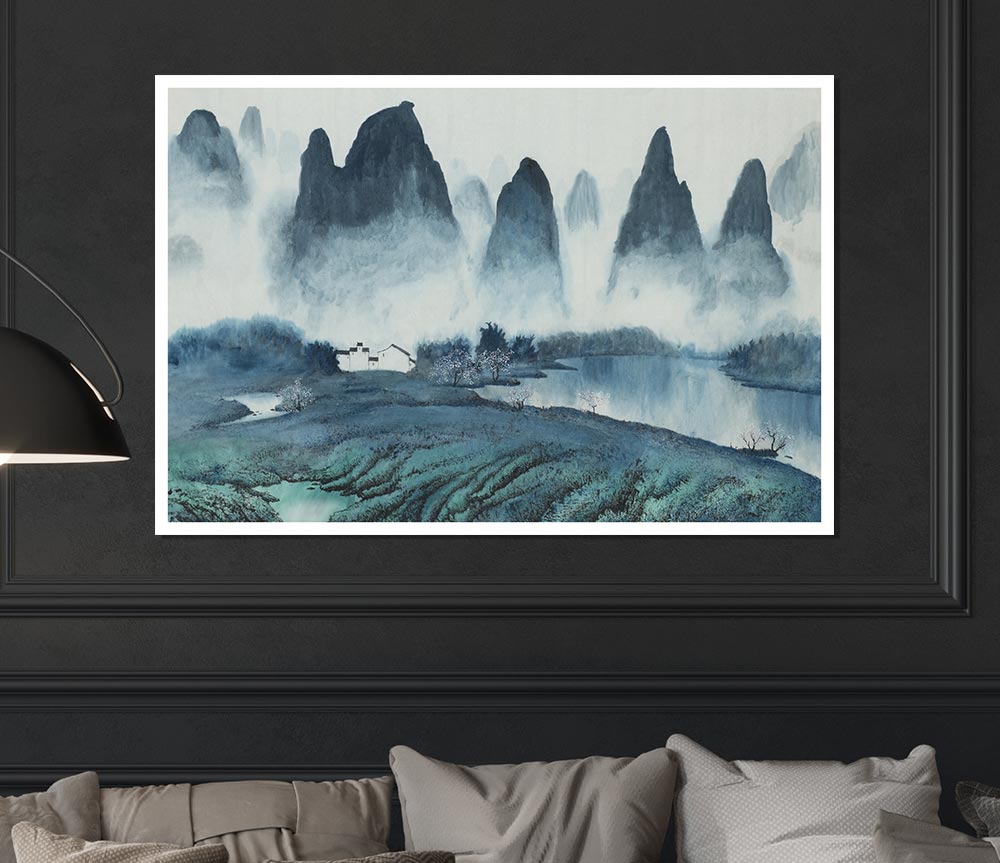 Tall Rock Mountain Mist Print Poster Wall Art