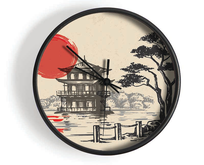 Japanese Red Sun Buildings Clock - Wallart-Direct UK