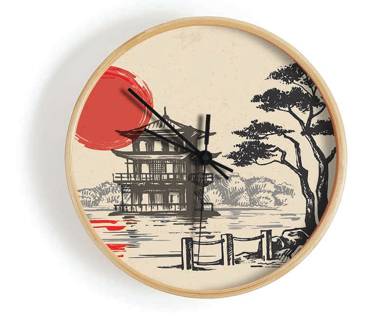 Japanese Red Sun Buildings Clock - Wallart-Direct UK