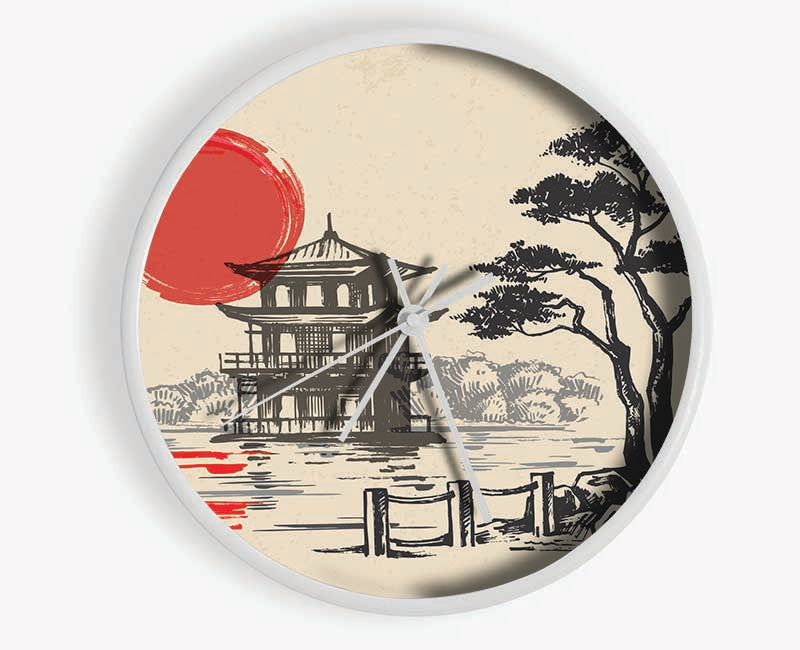 Japanese Red Sun Buildings Clock - Wallart-Direct UK