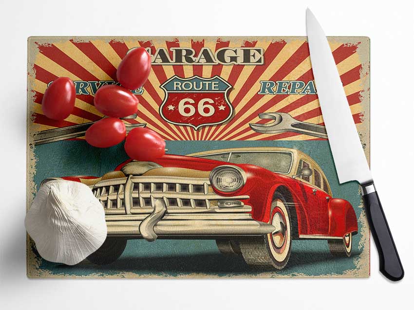 Route 66 Garage Glass Chopping Board