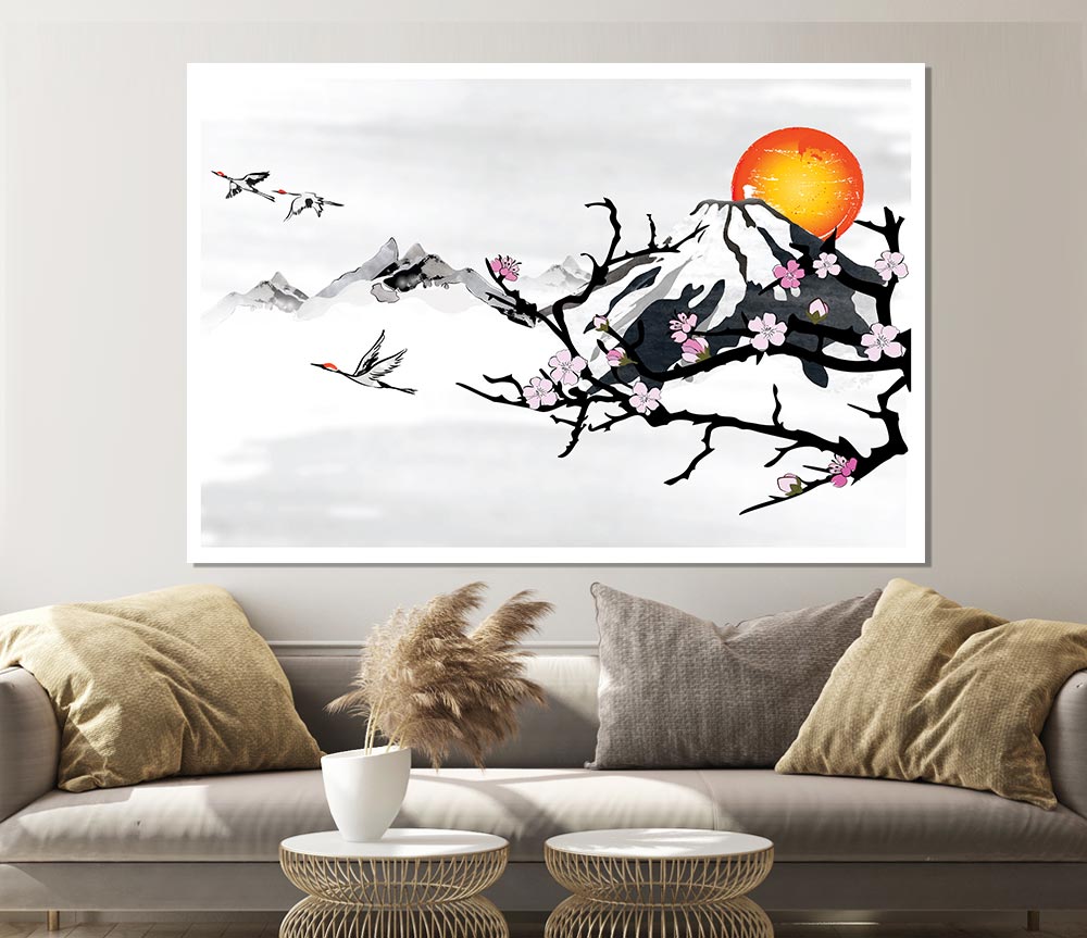 Branches In The Japanese Sunrise Print Poster Wall Art