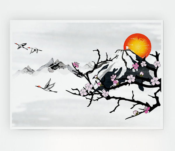 Branches In The Japanese Sunrise Print Poster Wall Art