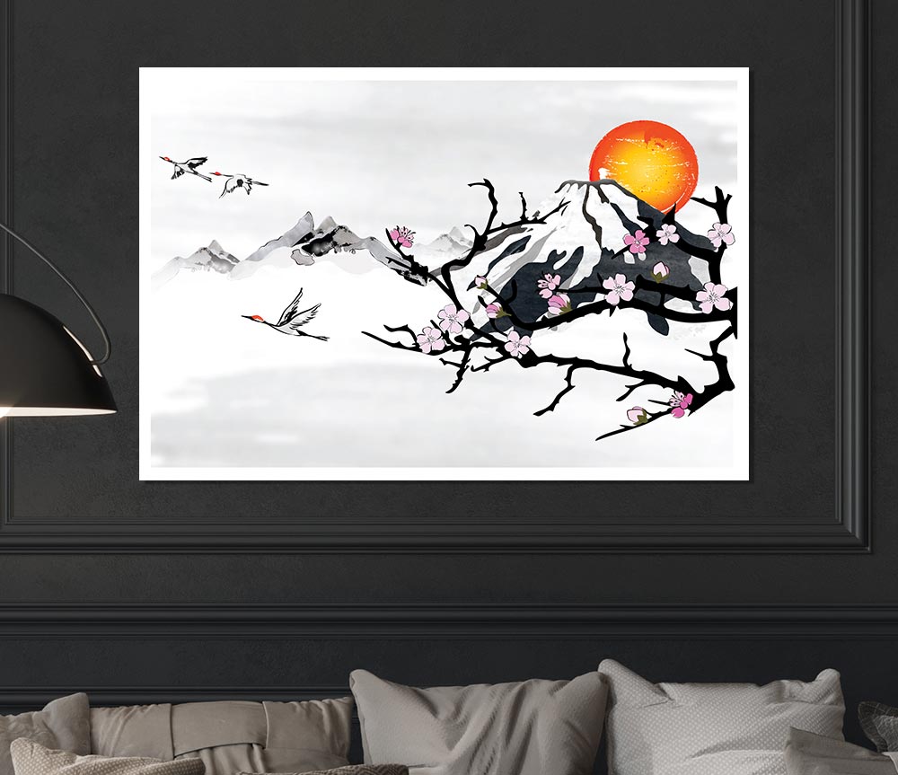 Branches In The Japanese Sunrise Print Poster Wall Art