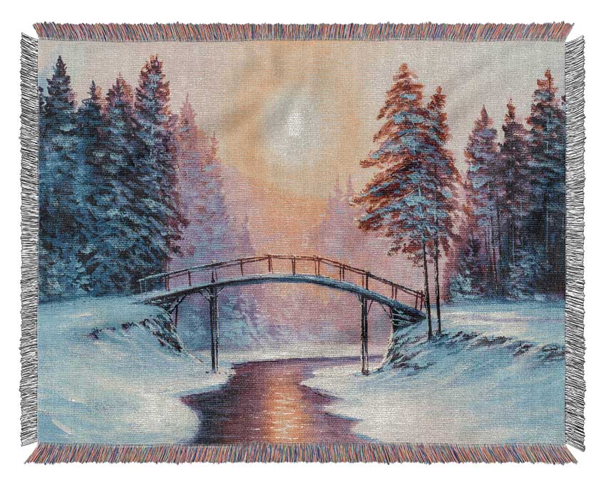 Bridge Across The Winter Scene Woven Blanket