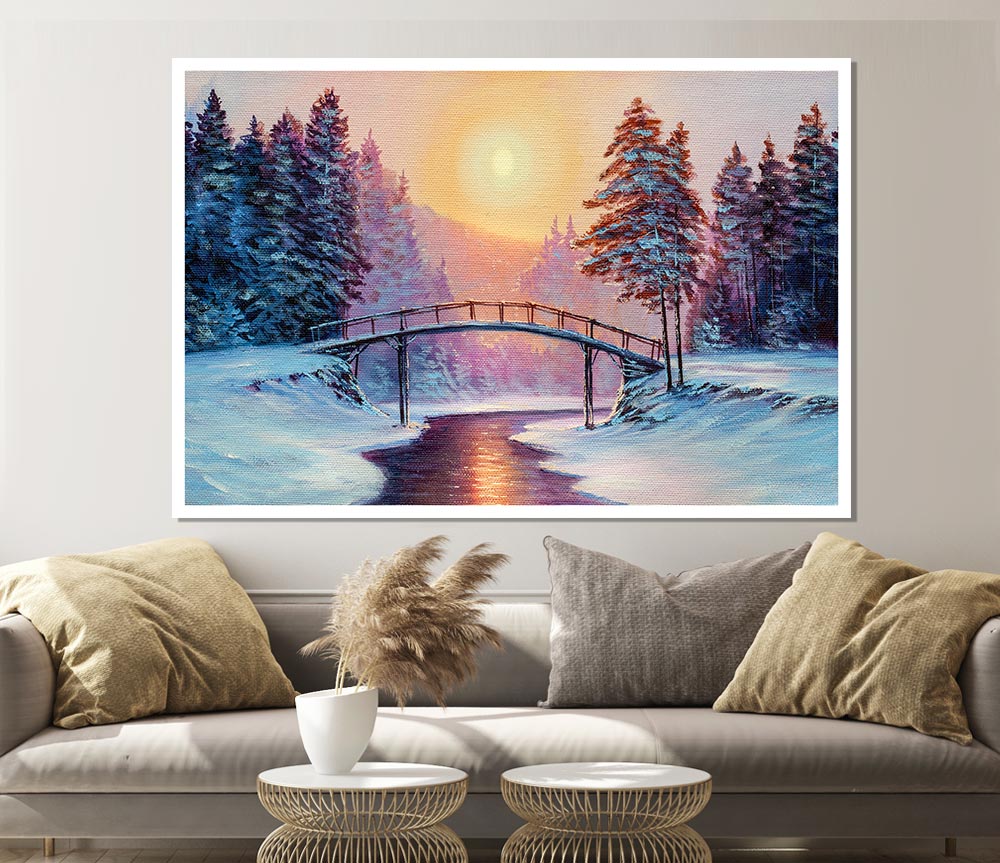 Bridge Across The Winter Scene Print Poster Wall Art