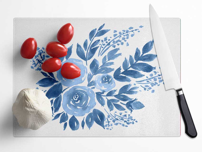 Blue Flower Time Glass Chopping Board