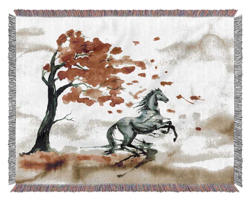 Tree Horse In The Wind Woven Blanket