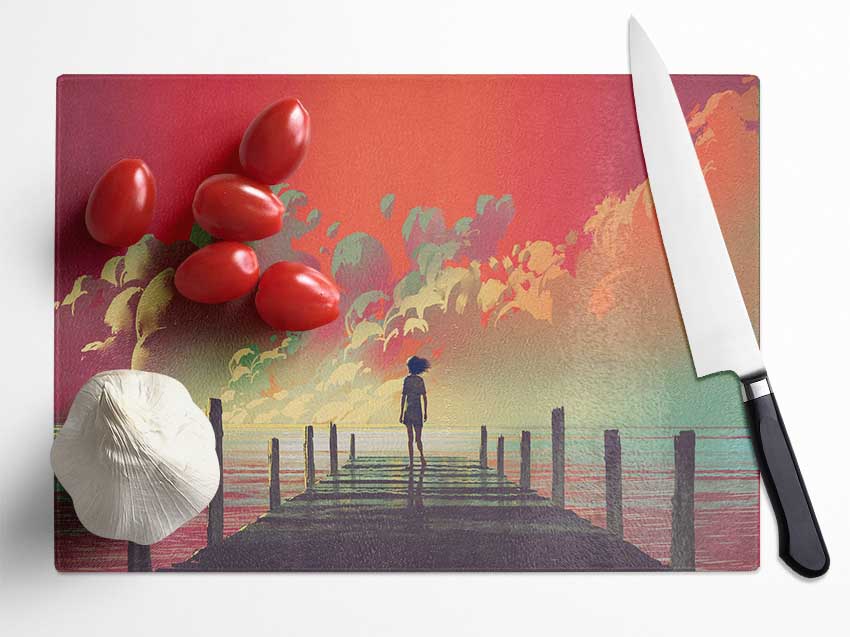 The Red Skies On The Beach Glass Chopping Board