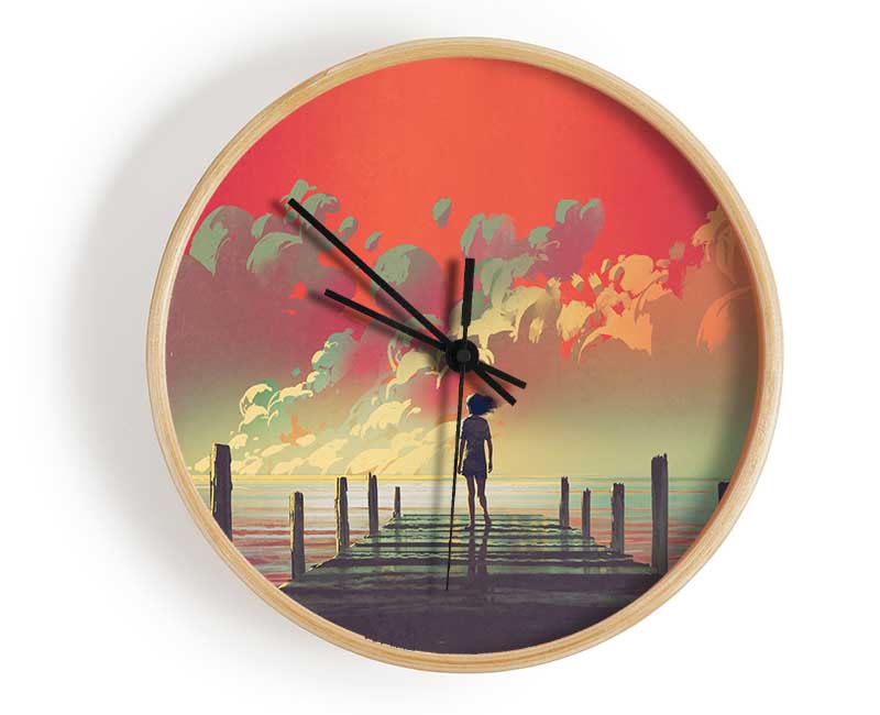 The Red Skies On The Beach Clock - Wallart-Direct UK