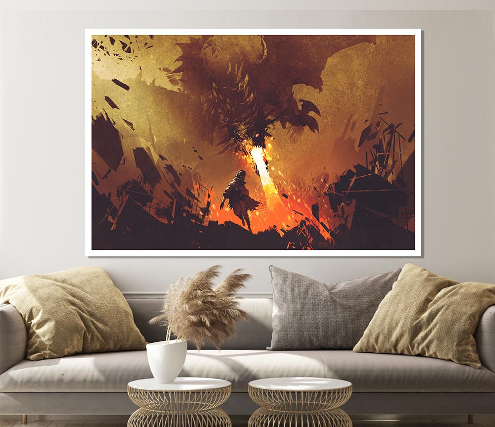 Fighting The Fire Dragon Print Poster Wall Art