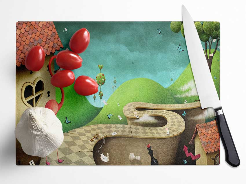 Alice In Wonderland Road Glass Chopping Board