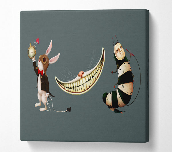 A Square Canvas Print Showing Alice In Wonderland Rabbit Cat And Caterpillar Square Wall Art