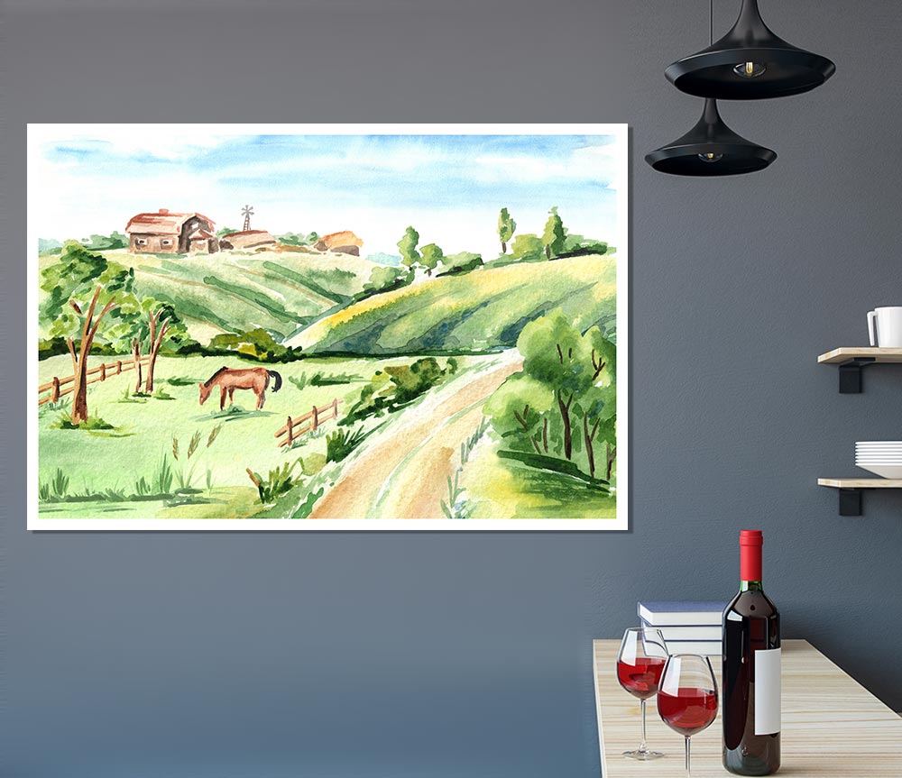 Horses In A Farm Print Poster Wall Art