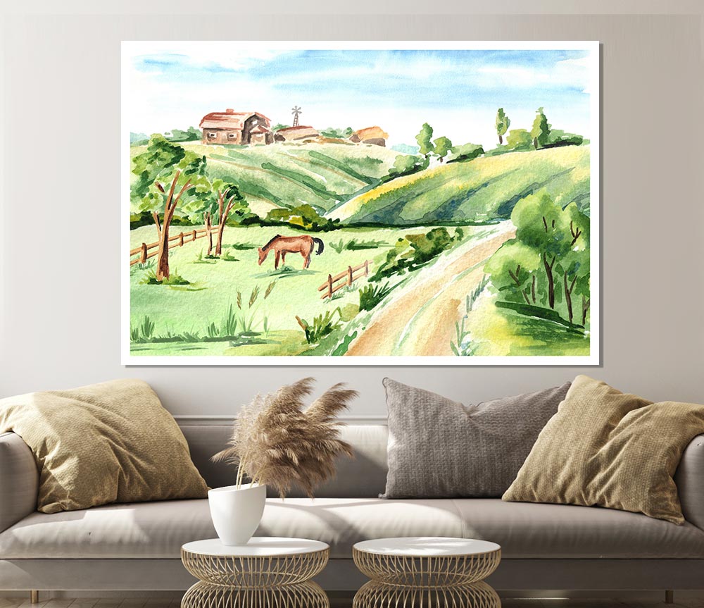 Horses In A Farm Print Poster Wall Art