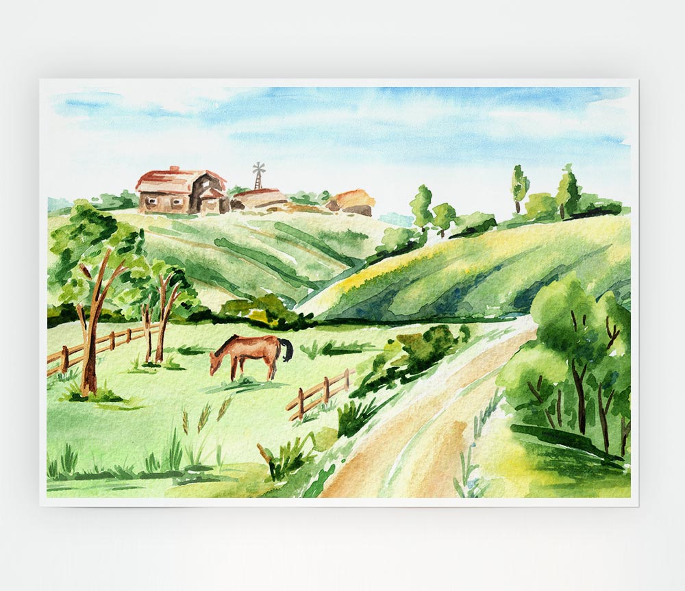 Horses In A Farm Print Poster Wall Art