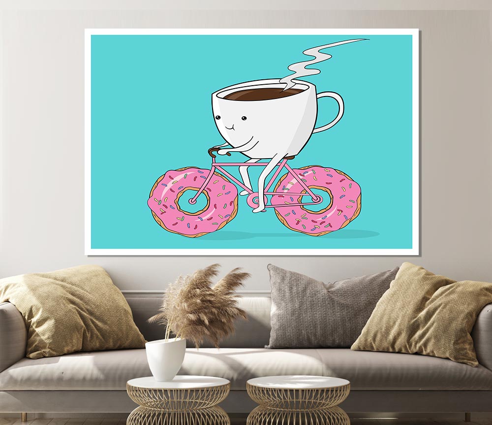 Coffee Riding A Donut Bicycle Print Poster Wall Art