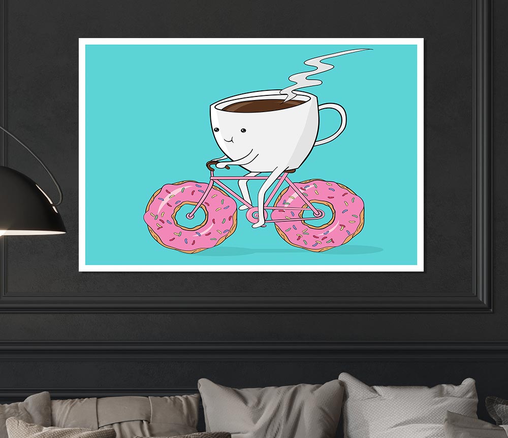 Coffee Riding A Donut Bicycle Print Poster Wall Art