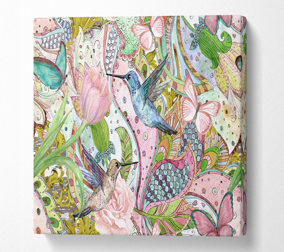 A Square Canvas Print Showing Hummingbird Paradise Pattern Square Wall Art