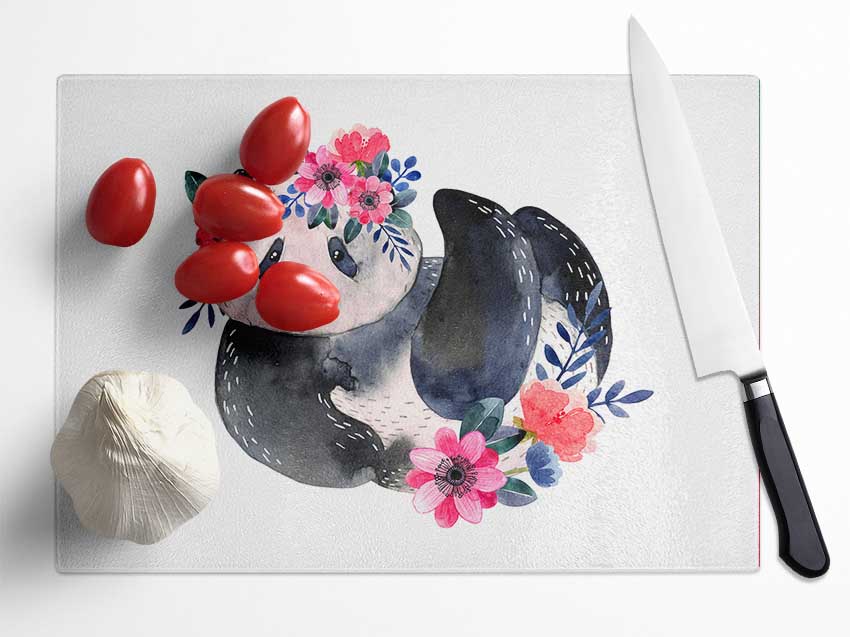 Cute Floral Panda Glass Chopping Board