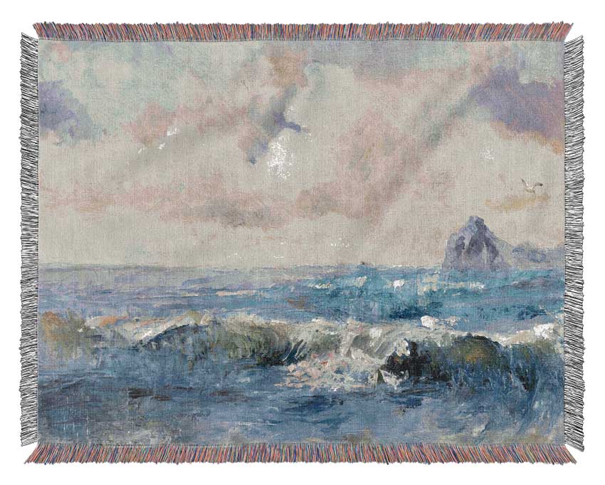 Dull Skies Over The Crashing Waves Woven Blanket