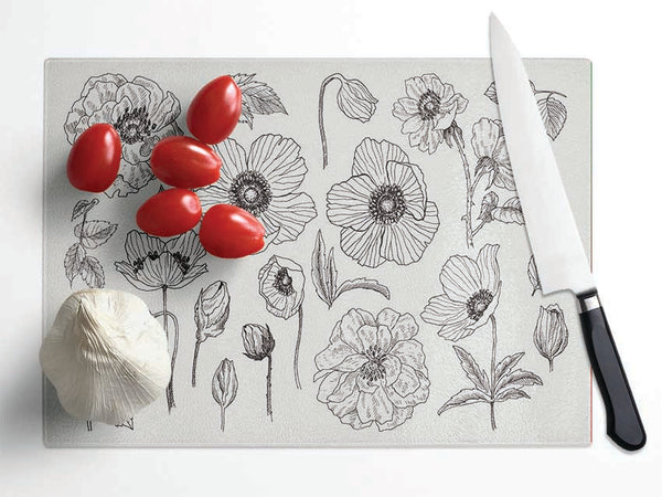 Hand Drawn Flowers Illustration Glass Chopping Board