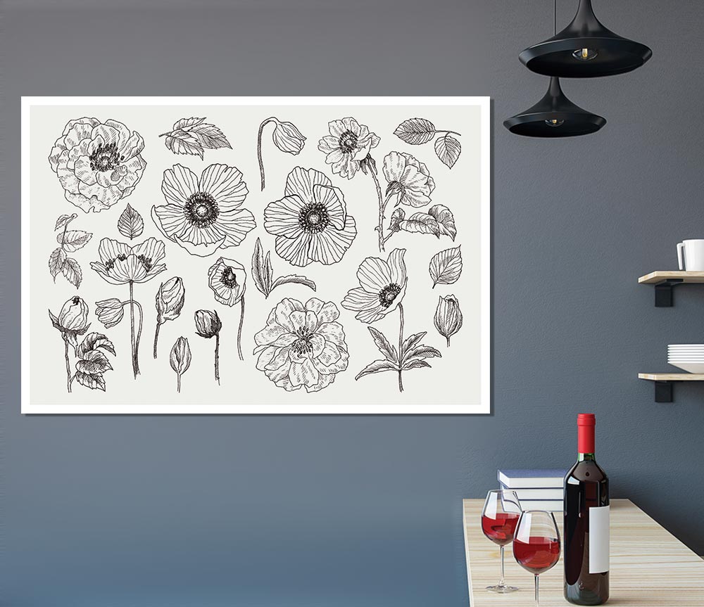 Hand Drawn Flowers Illustration Print Poster Wall Art