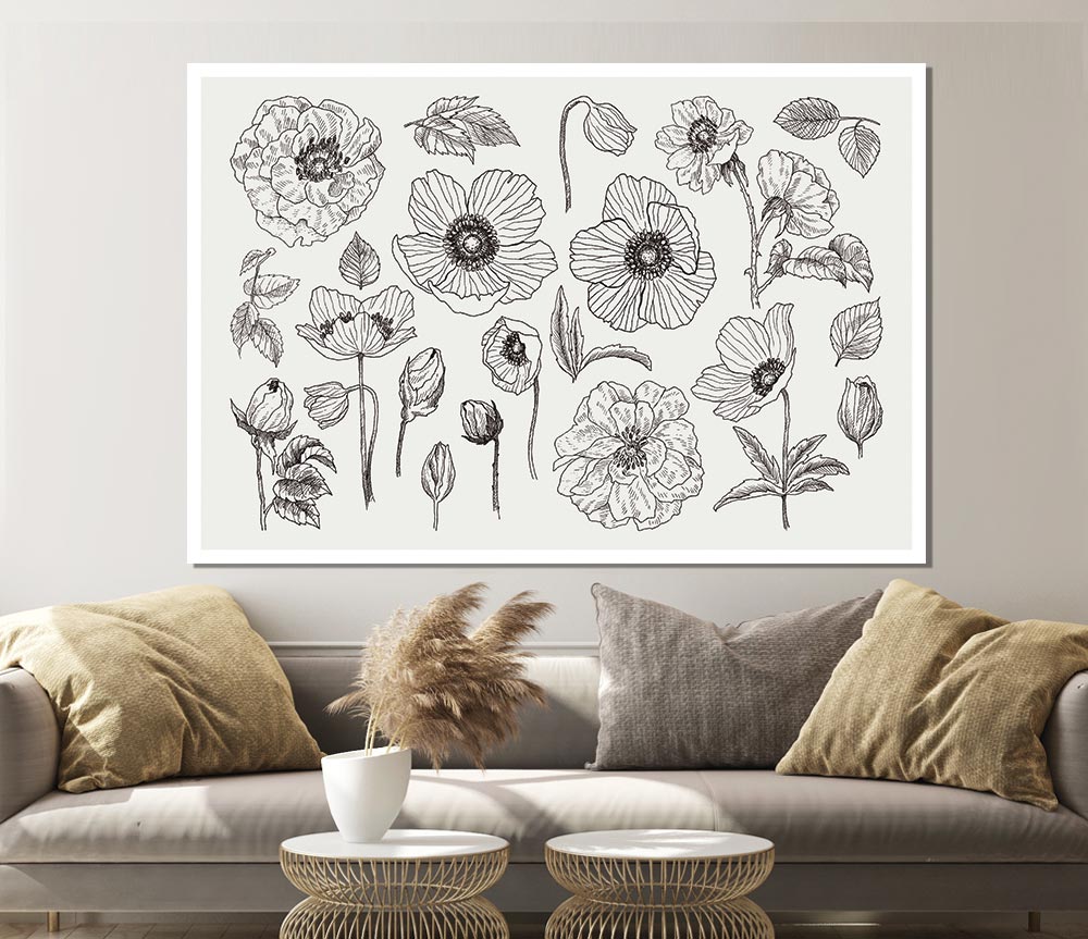 Hand Drawn Flowers Illustration Print Poster Wall Art