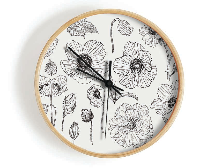 Hand Drawn Flowers Illustration Clock - Wallart-Direct UK