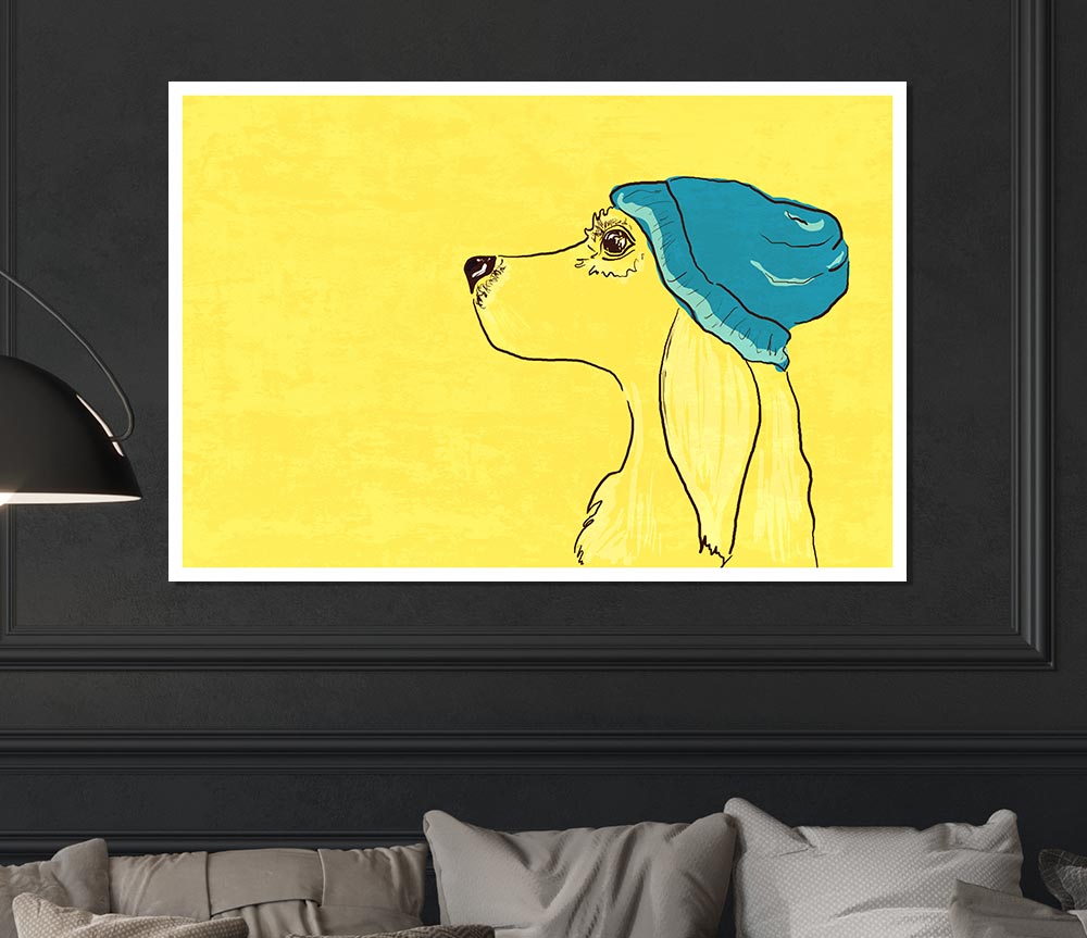 Yellow Dog With Blue Hat Print Poster Wall Art